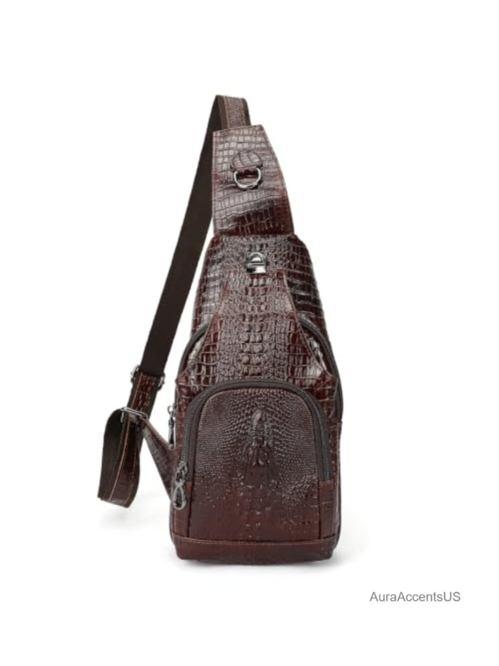 Crocodile Patterned Cowhide Leather Crossbody Sling Bag Adjustable Strap